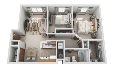 Floor plan for 2 beds, 1 bath, 998 sqft